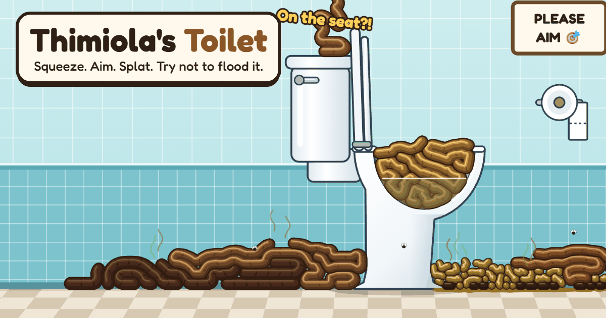 Gameplay: a cartoon bathroom with a toilet, piles of coiled poop on the floor, and a bowl full of soft-serve